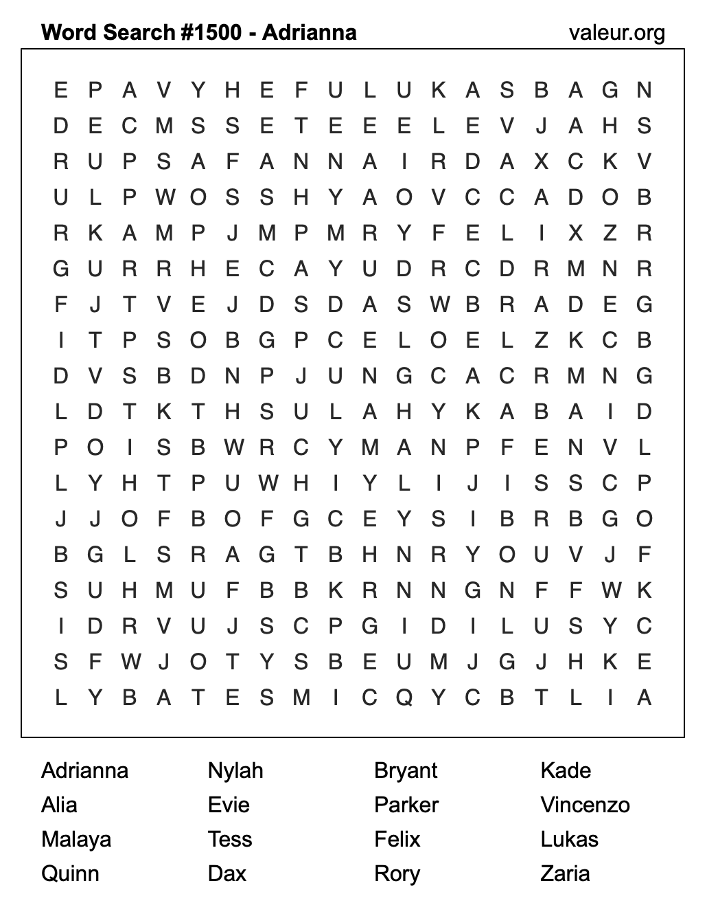Word Search Puzzle with the name Adrianna #1500