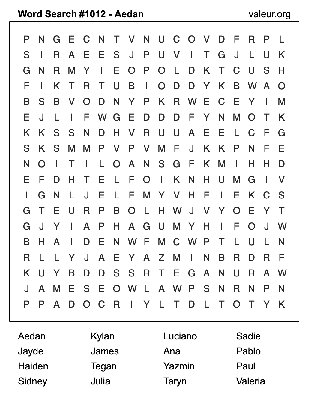 Word Search Puzzle with the name Aedan #1012