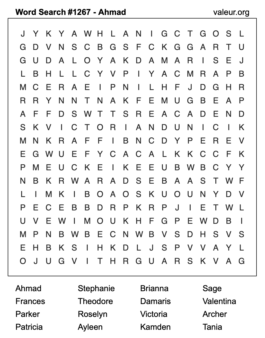 Word Search Puzzle with the name Ahmad #1267