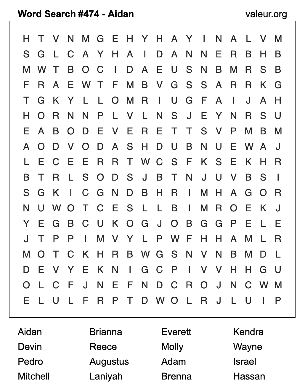 Word Search Puzzle with the name Aidan #474 Word Search Puzzle with the name Aidan #474