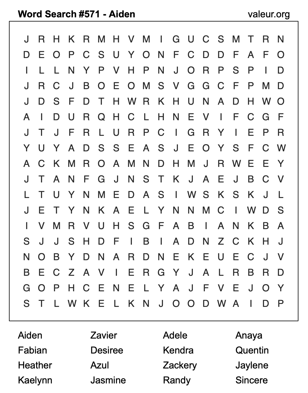 Word Search Puzzle with the name Aiden #571