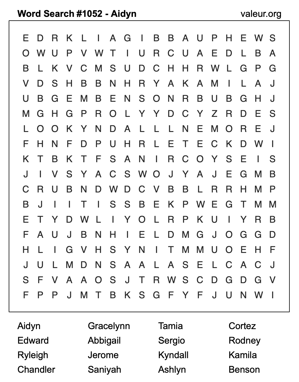 Word Search Puzzle with the name Aidyn #1052