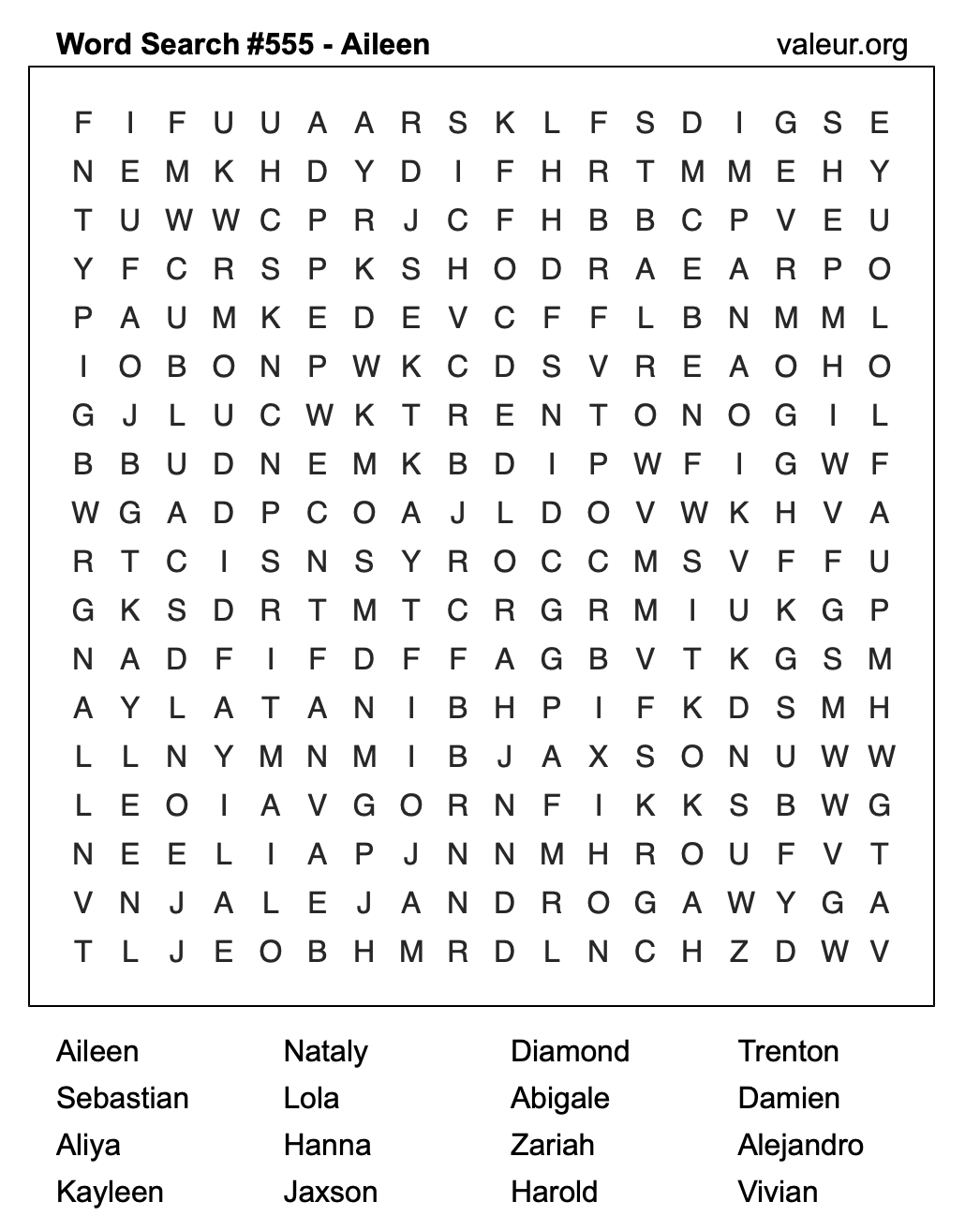 Word Search Puzzle with the name Aileen #555