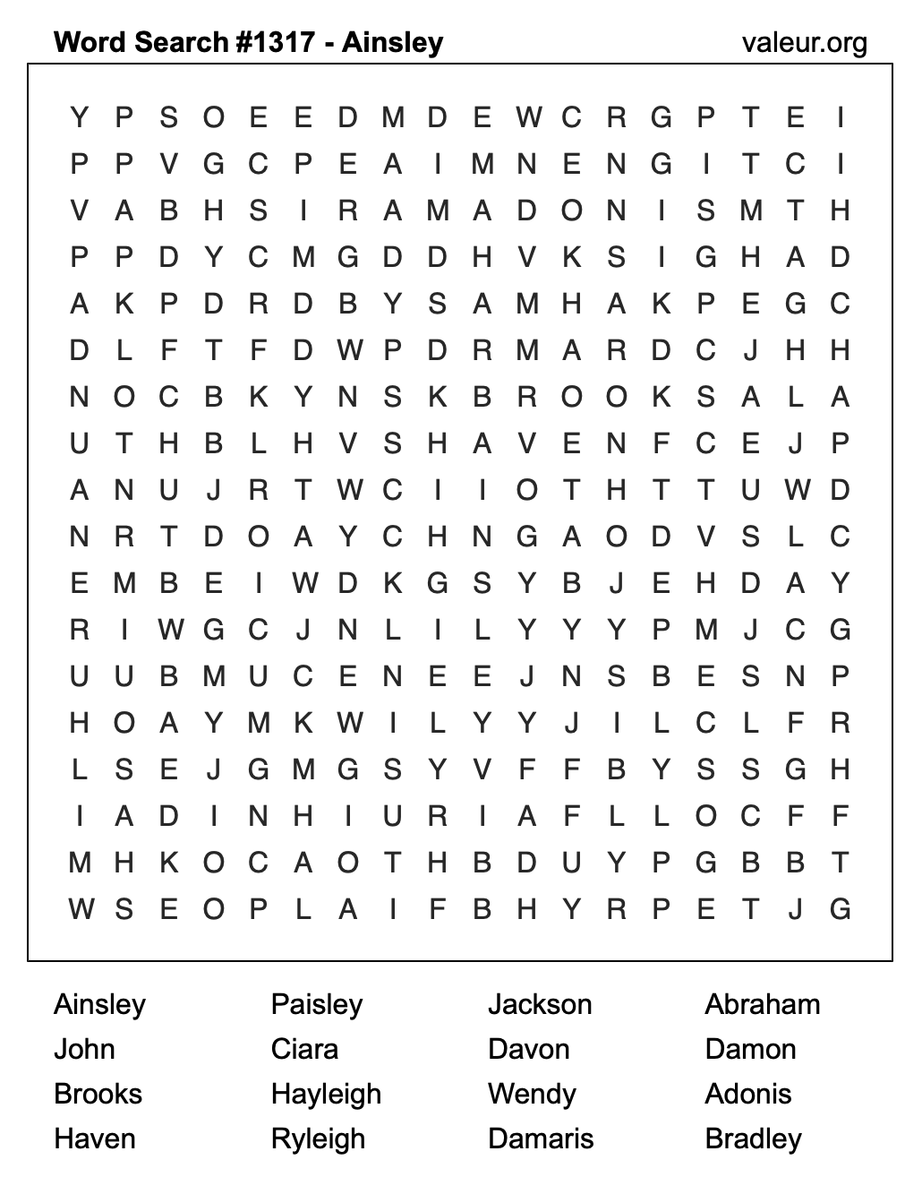 Word Search Puzzle with the name Ainsley #1317