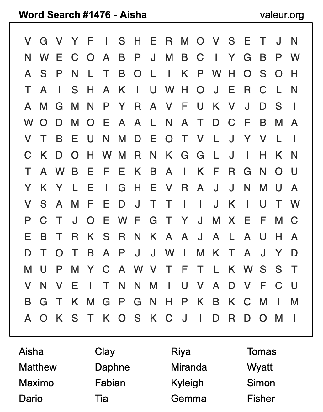 Word Search Puzzle with the name Aisha #1476