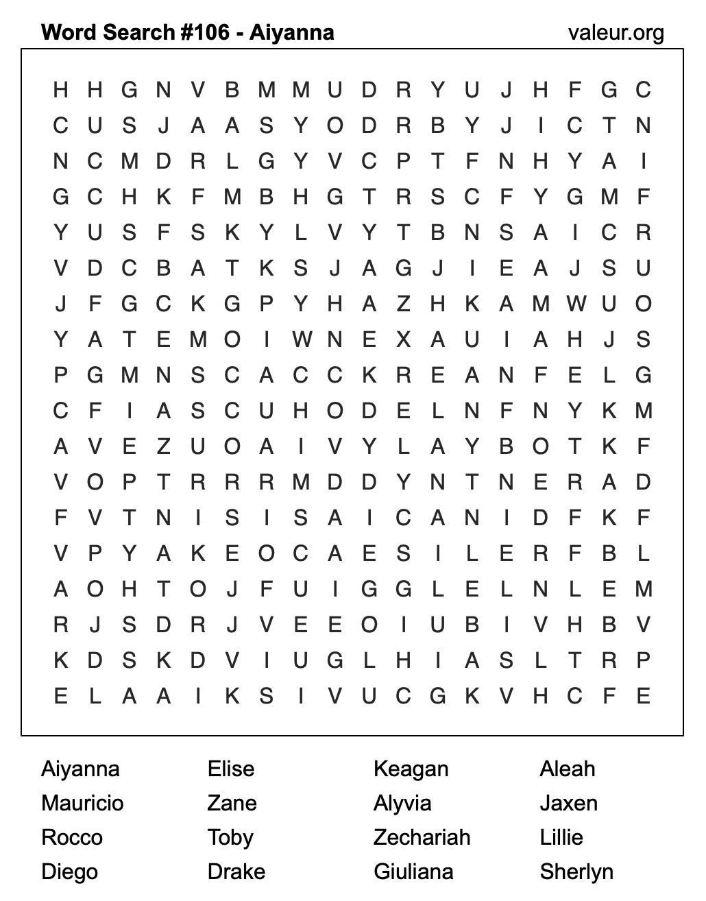 Word Search Puzzle with the name Aiyanna #106