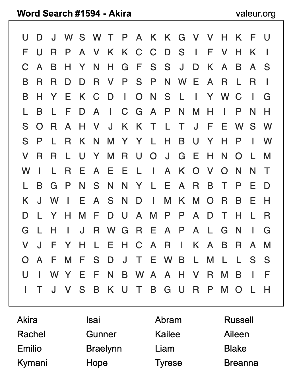 Word Search Puzzle with the name Akira #1594