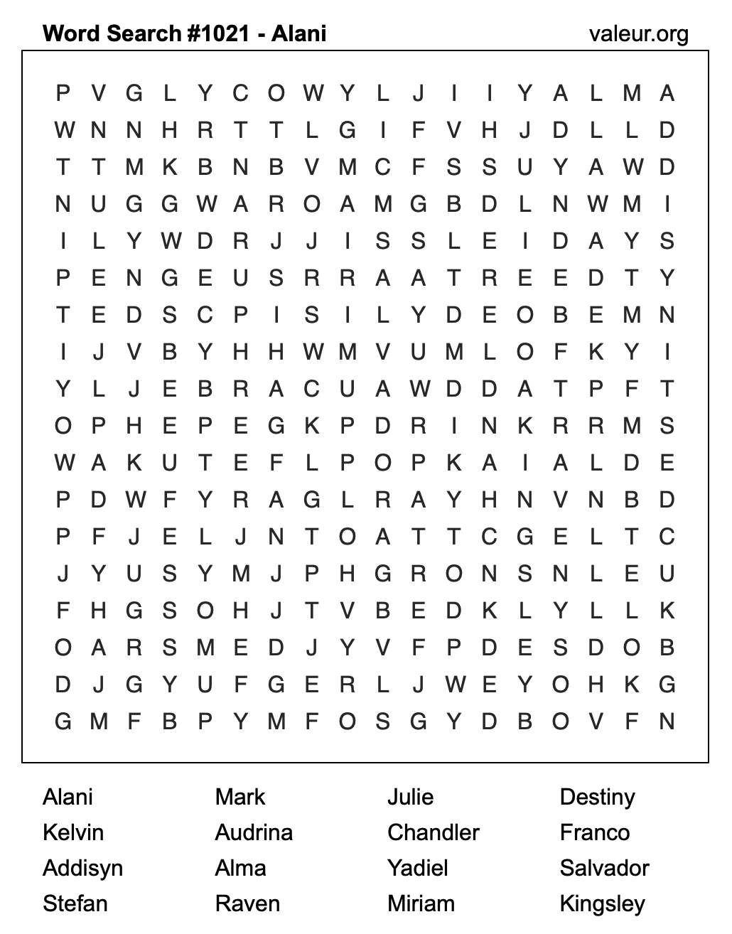Word Search Puzzle with the name Alani #1021