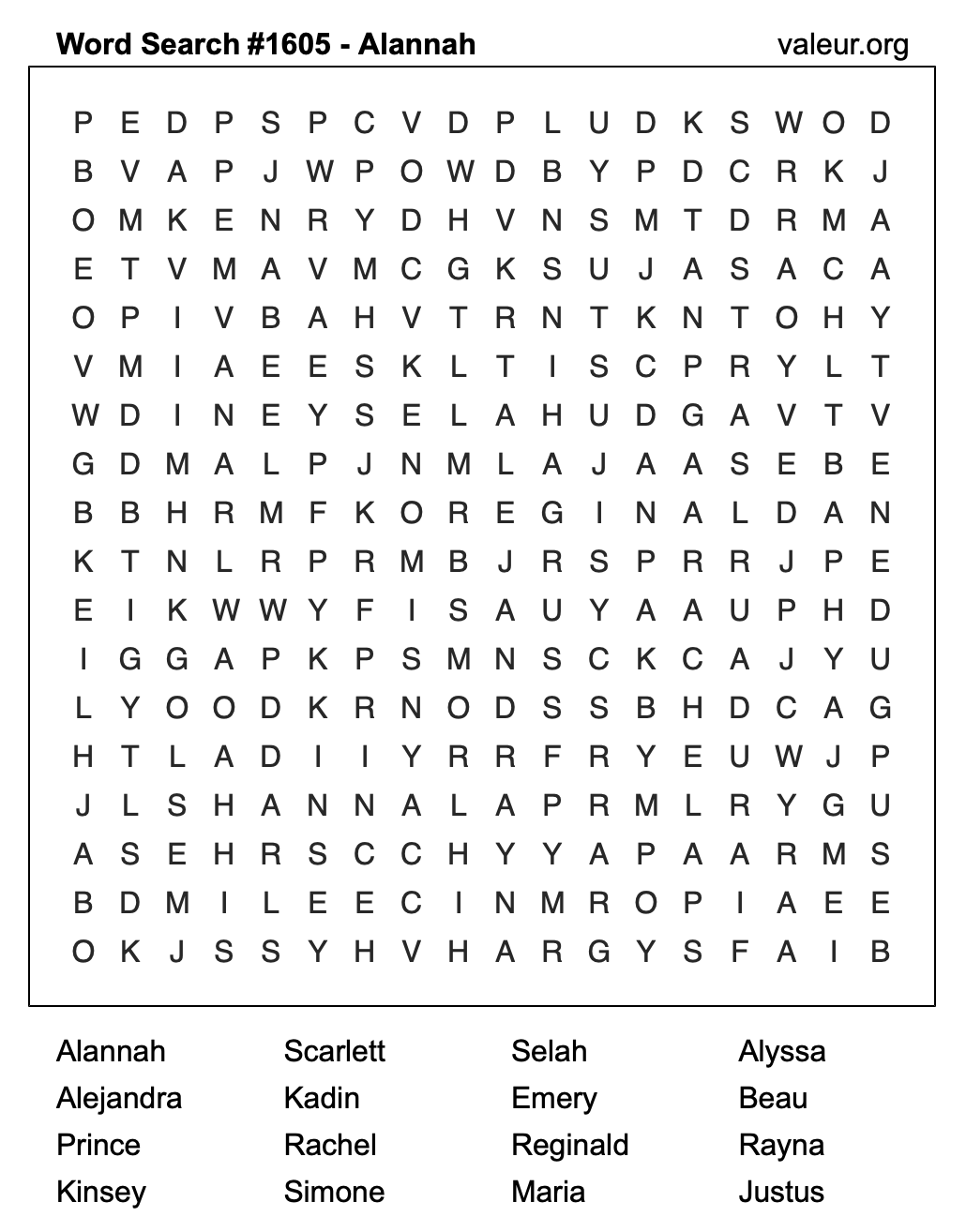 Word Search Puzzle with the name Alannah #1605 Word Search Puzzle with the name Alannah #1605