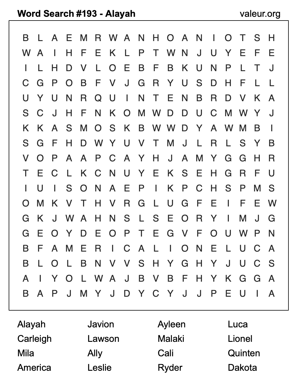 Word Search Puzzle with the name Alayah #193 Word Search Puzzle with the name Alayah #193