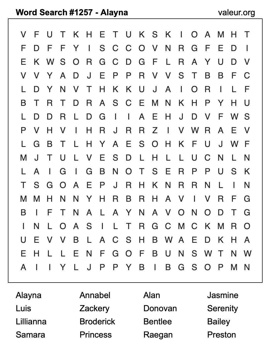 Word Search Puzzle with the name Alayna #1257