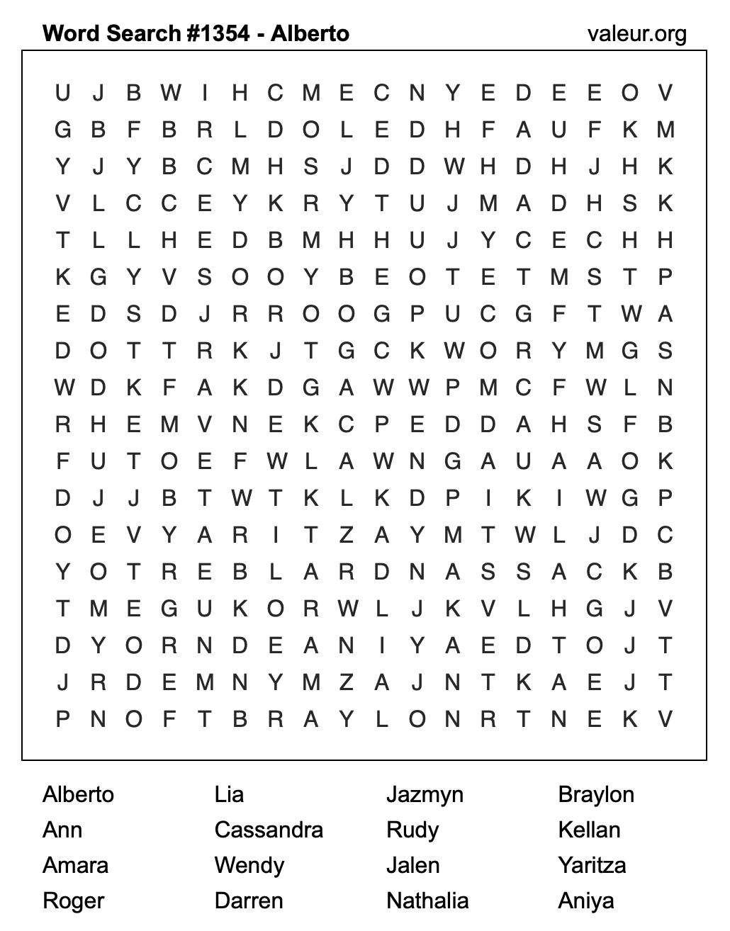 Word Search Puzzle with the name Alberto #1354