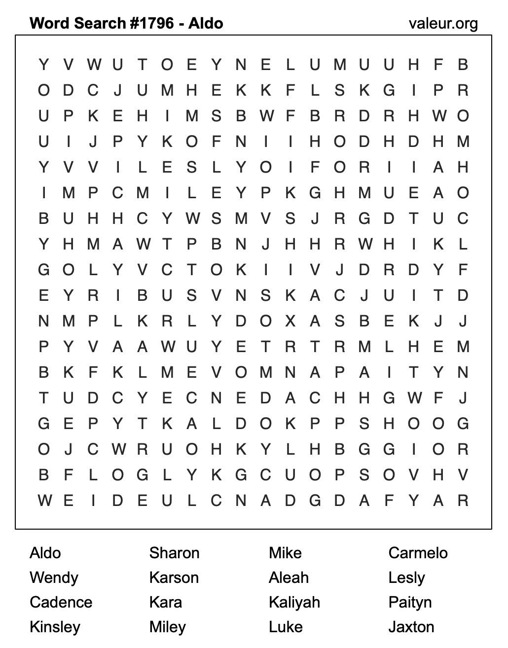 Word Search Puzzle with the name Aldo #1796