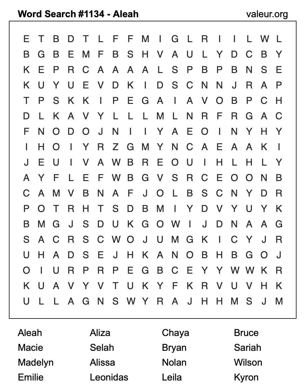 Word Search Puzzle with the name Aleah #1134