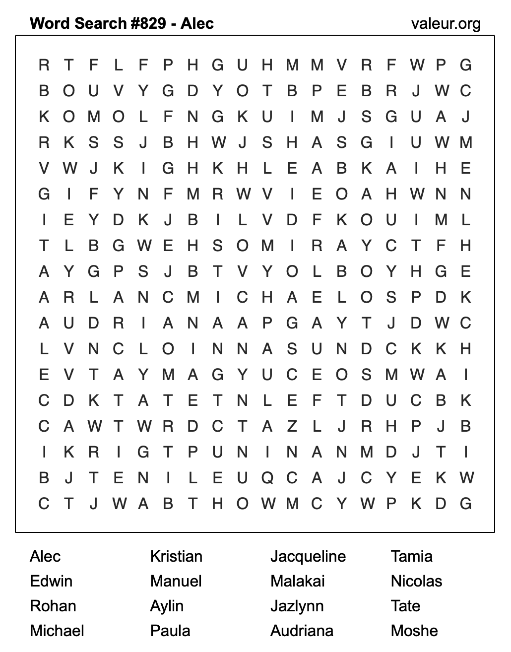 Word Search Puzzle with the name Alec #829