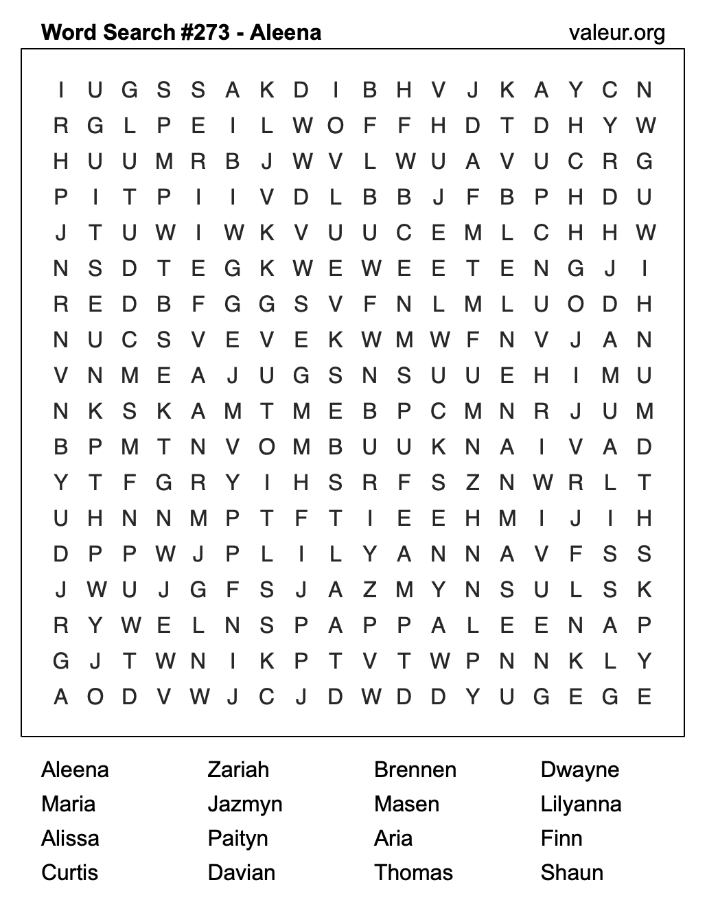 Word Search Puzzle with the name Aleena #273