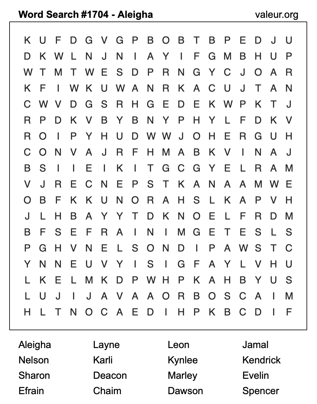 Word Search Puzzle with the name Aleigha #1704