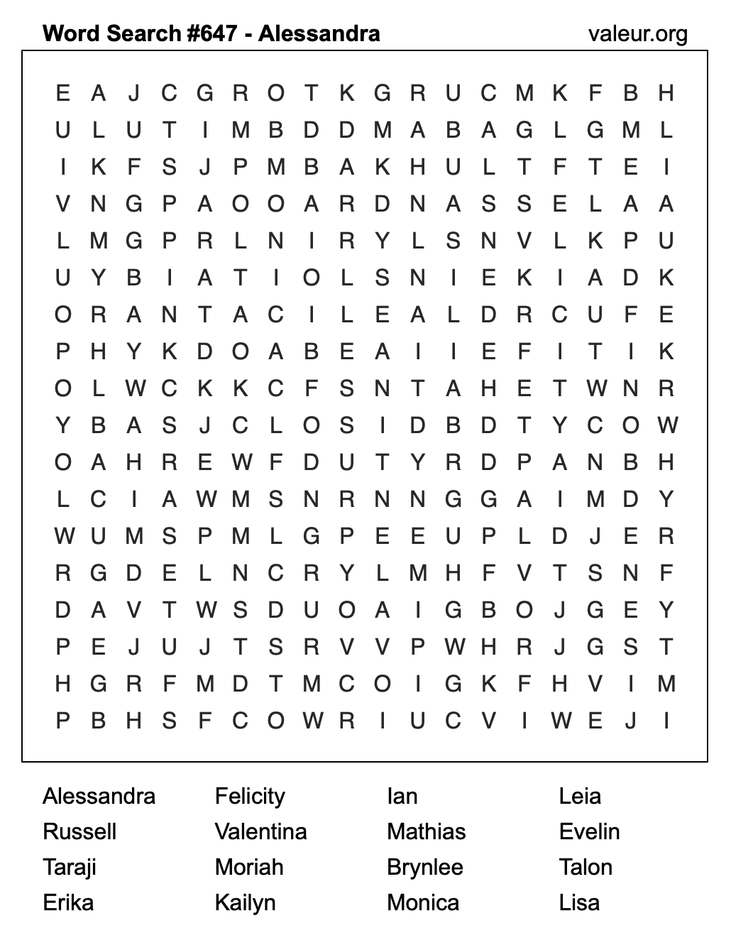 Word Search Puzzle with the name Alessandra #647