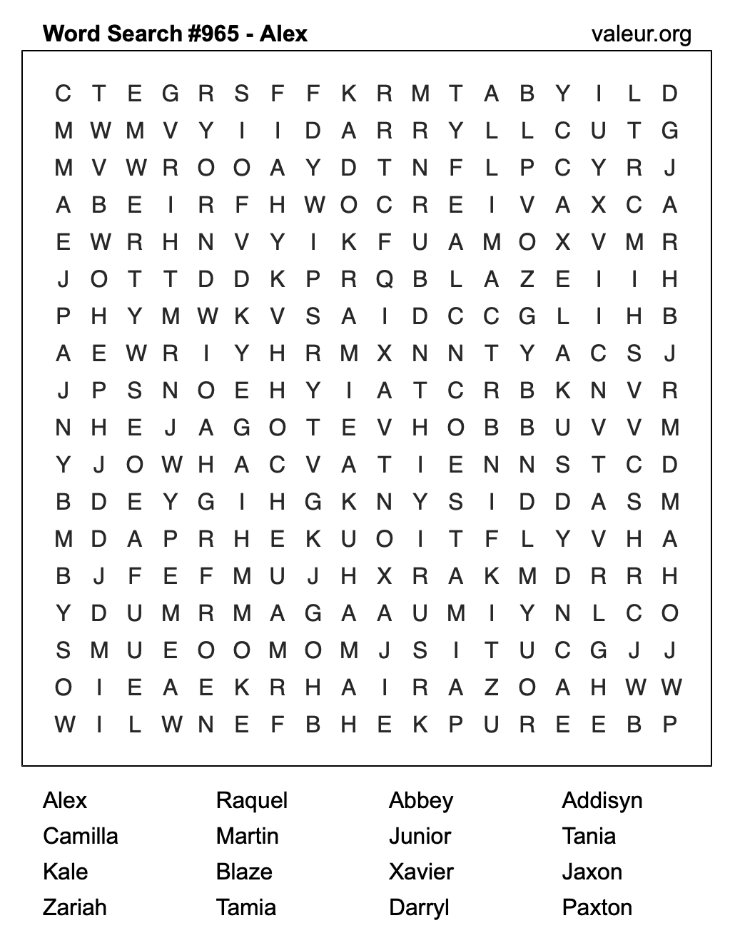 Word Search Puzzle with the name Alex #965 Word Search Puzzle with the name Alex #965