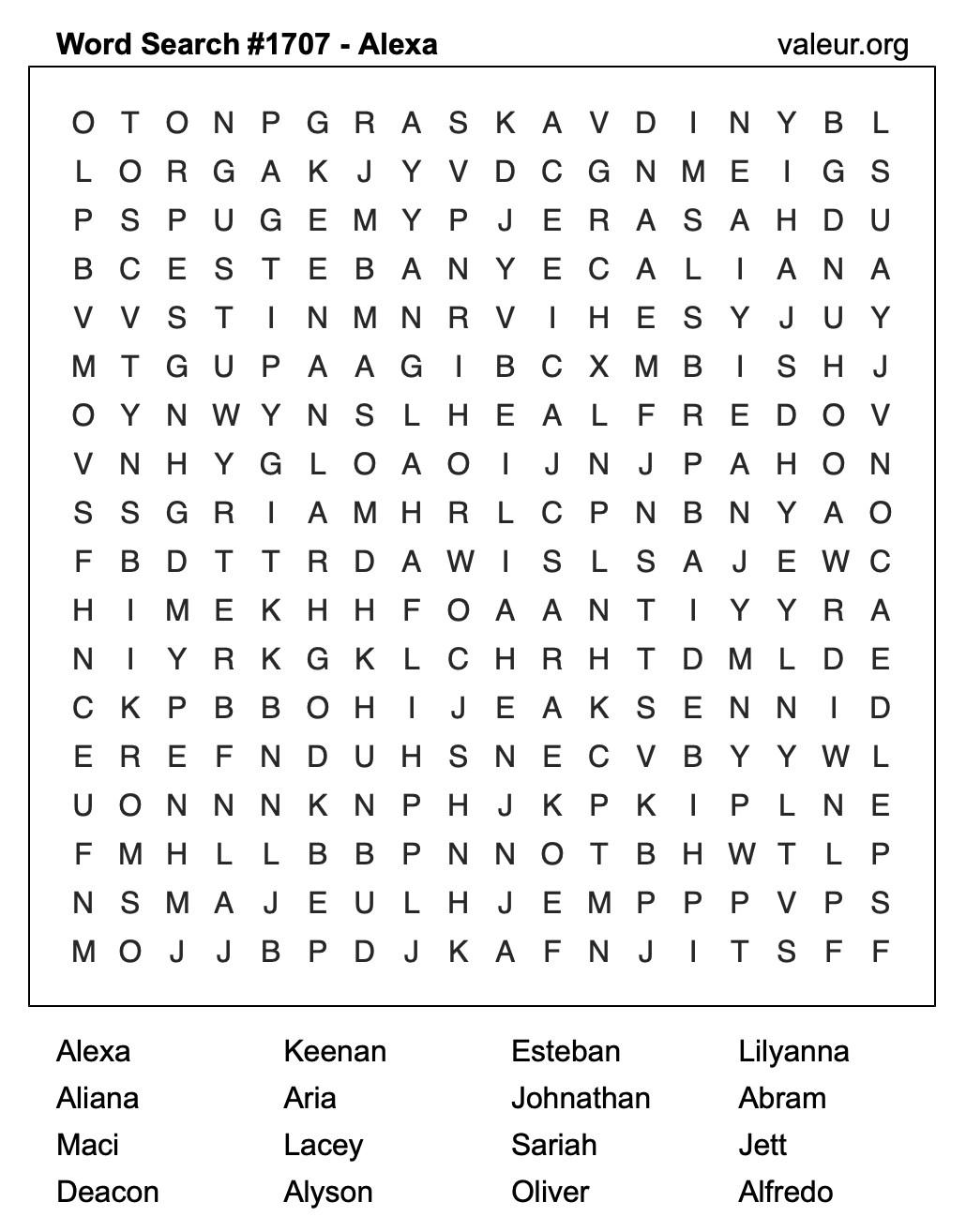 Word Search Puzzle with the name Alexa #1707