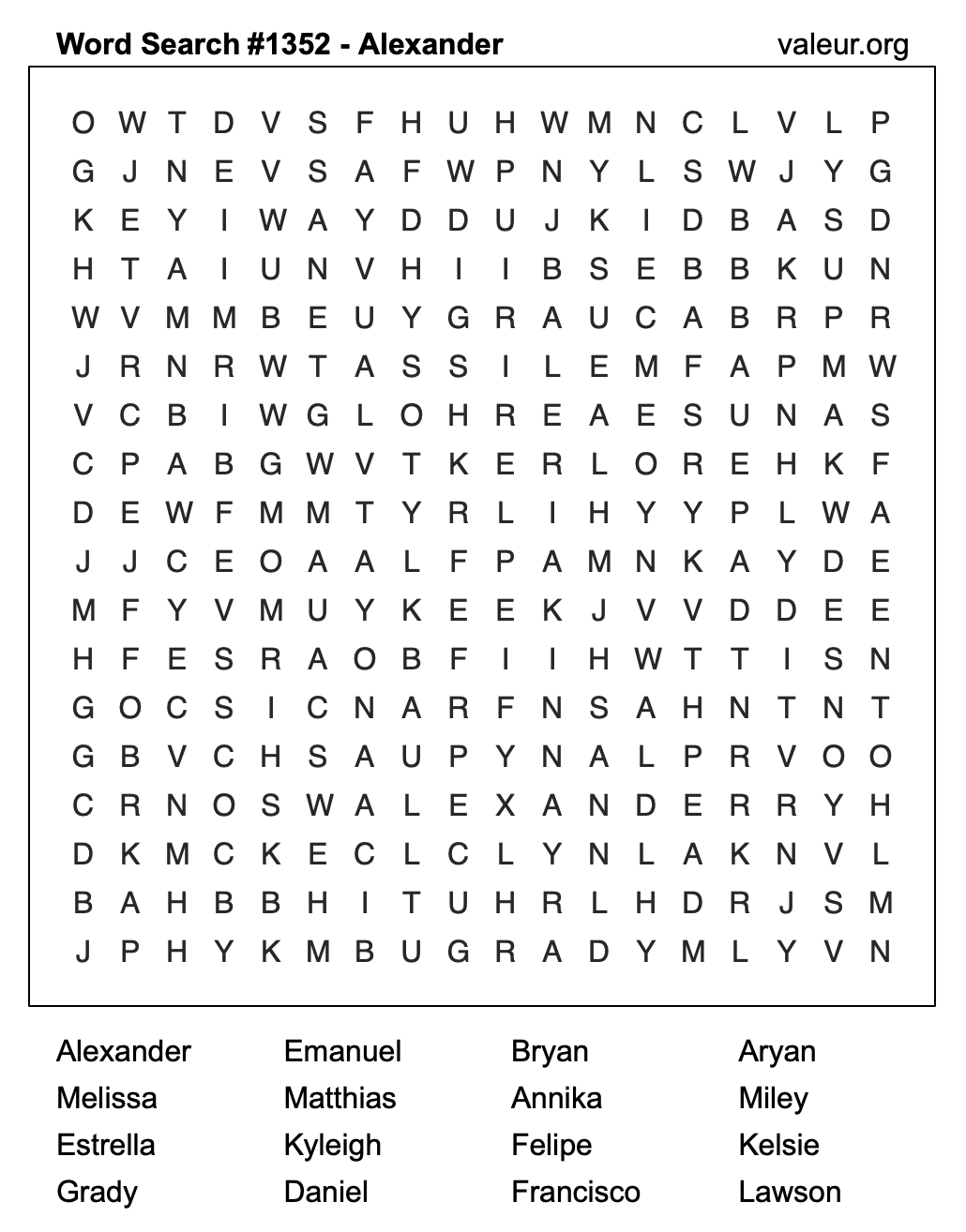 Word Search Puzzle with the name Alexander #1352 Word Search Puzzle with the name Alexander #1352