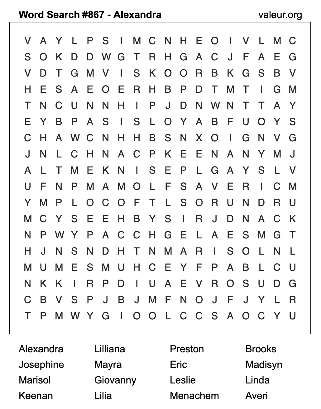 Word Search Puzzle with the name Alexandra #867