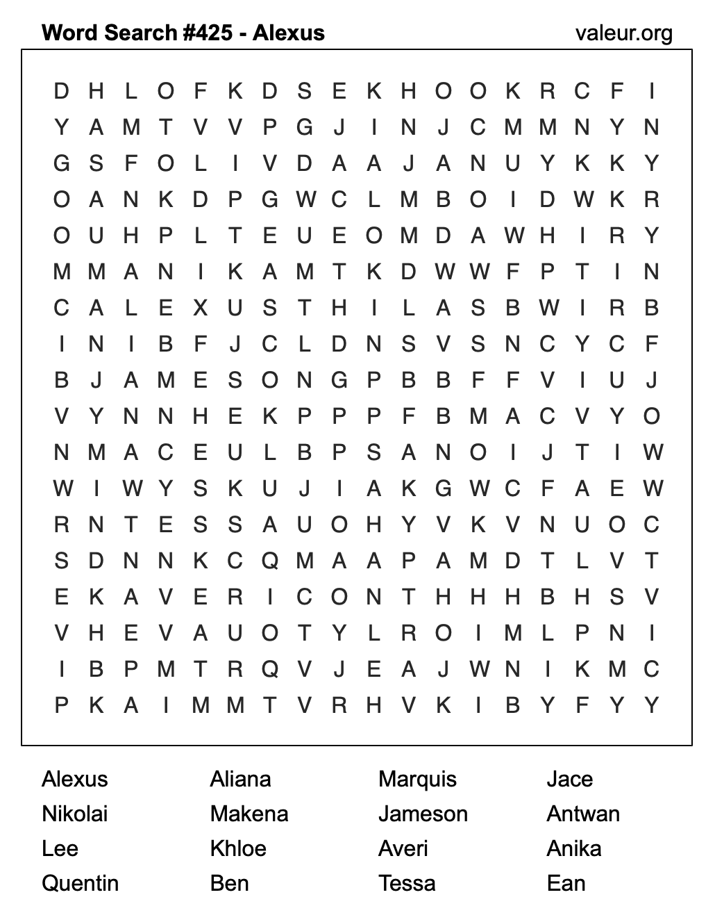 Word Search Puzzle with the name Alexus #425
