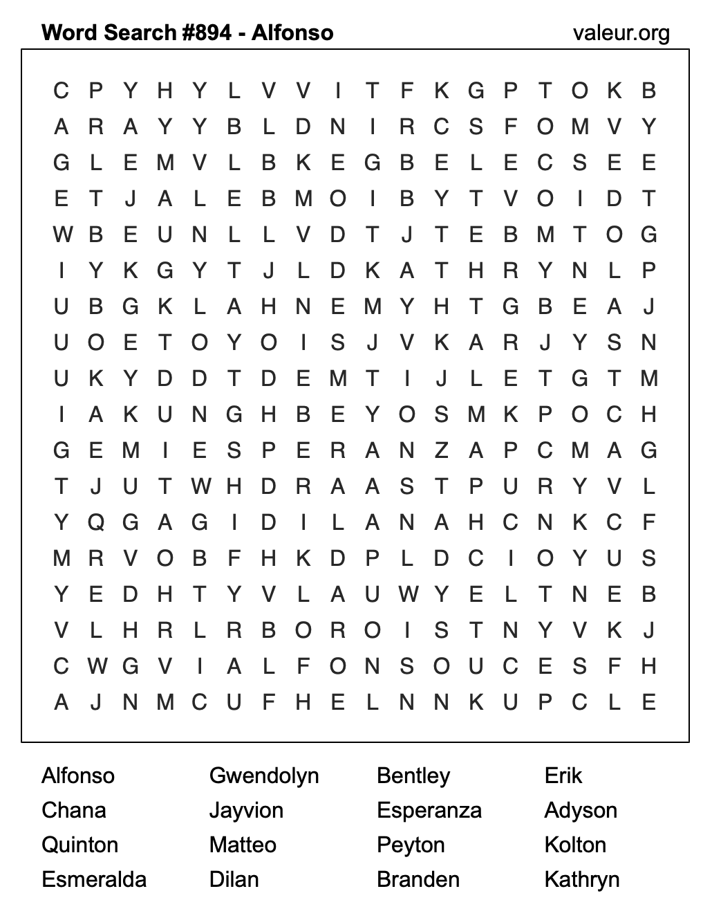 Word Search Puzzle with the name Alfonso #894