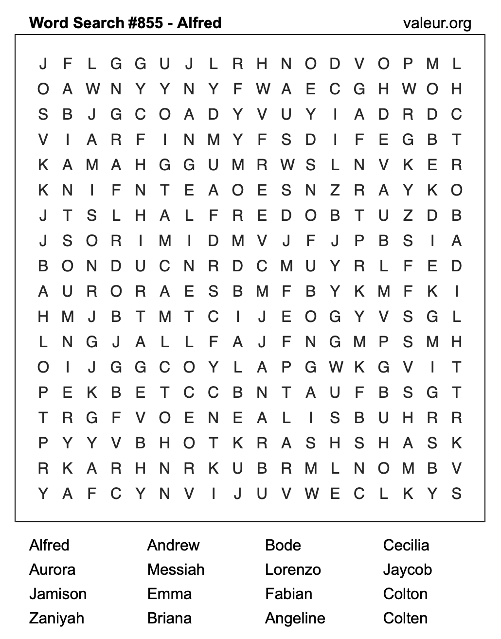 Word Search Puzzle with the name Alfred #855 Word Search Puzzle with the name Alfred #855