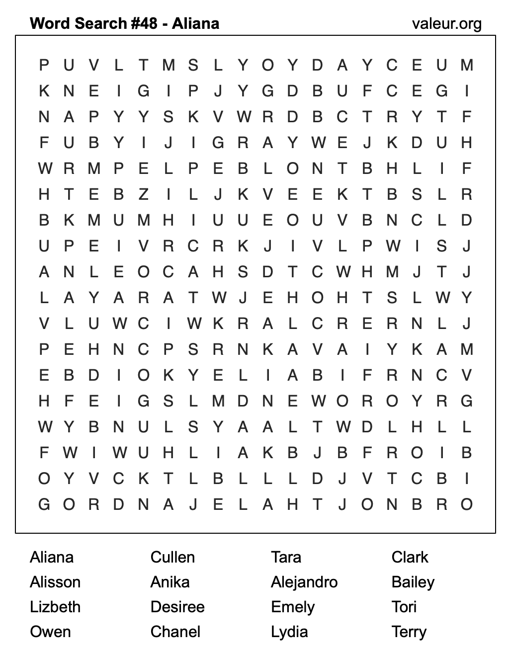 Word Search Puzzle with the name Aliana #48