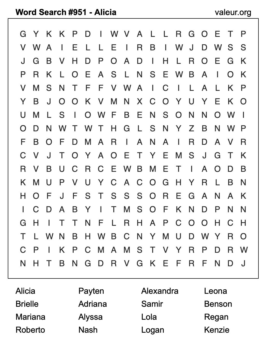 Word Search Puzzle with the name Alicia #951 Word Search Puzzle with the name Alicia #951