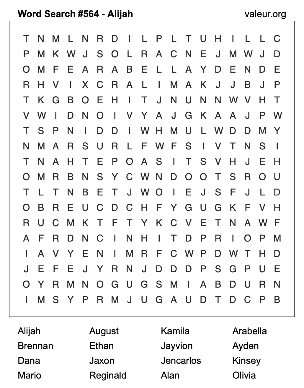 Word Search Puzzle with the name Alijah #564