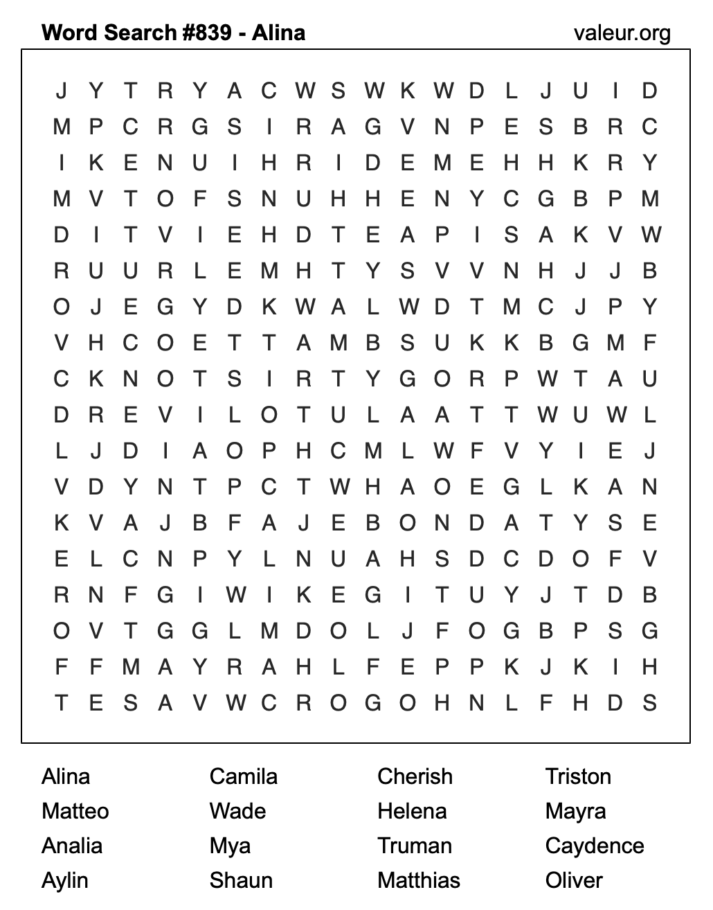 Word Search Puzzle with the name Alina #839 Word Search Puzzle with the name Alina #839