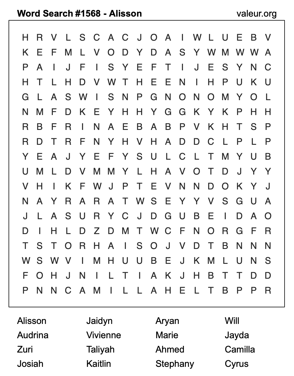 Word Search Puzzle with the name Alisson #1568