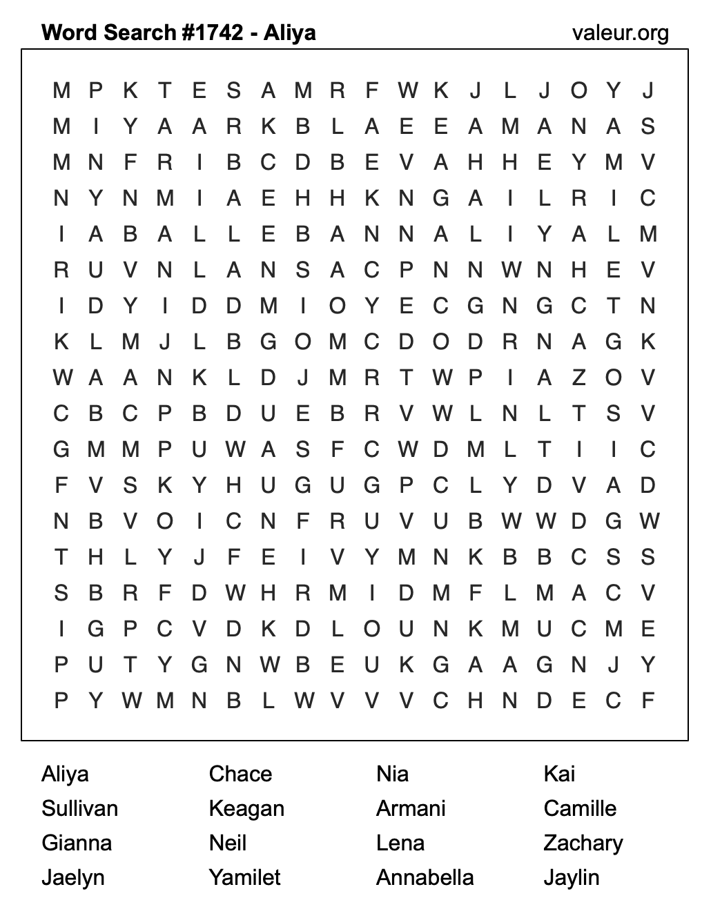 Word Search Puzzle with the name Aliya #1742 Word Search Puzzle with the name Aliya #1742