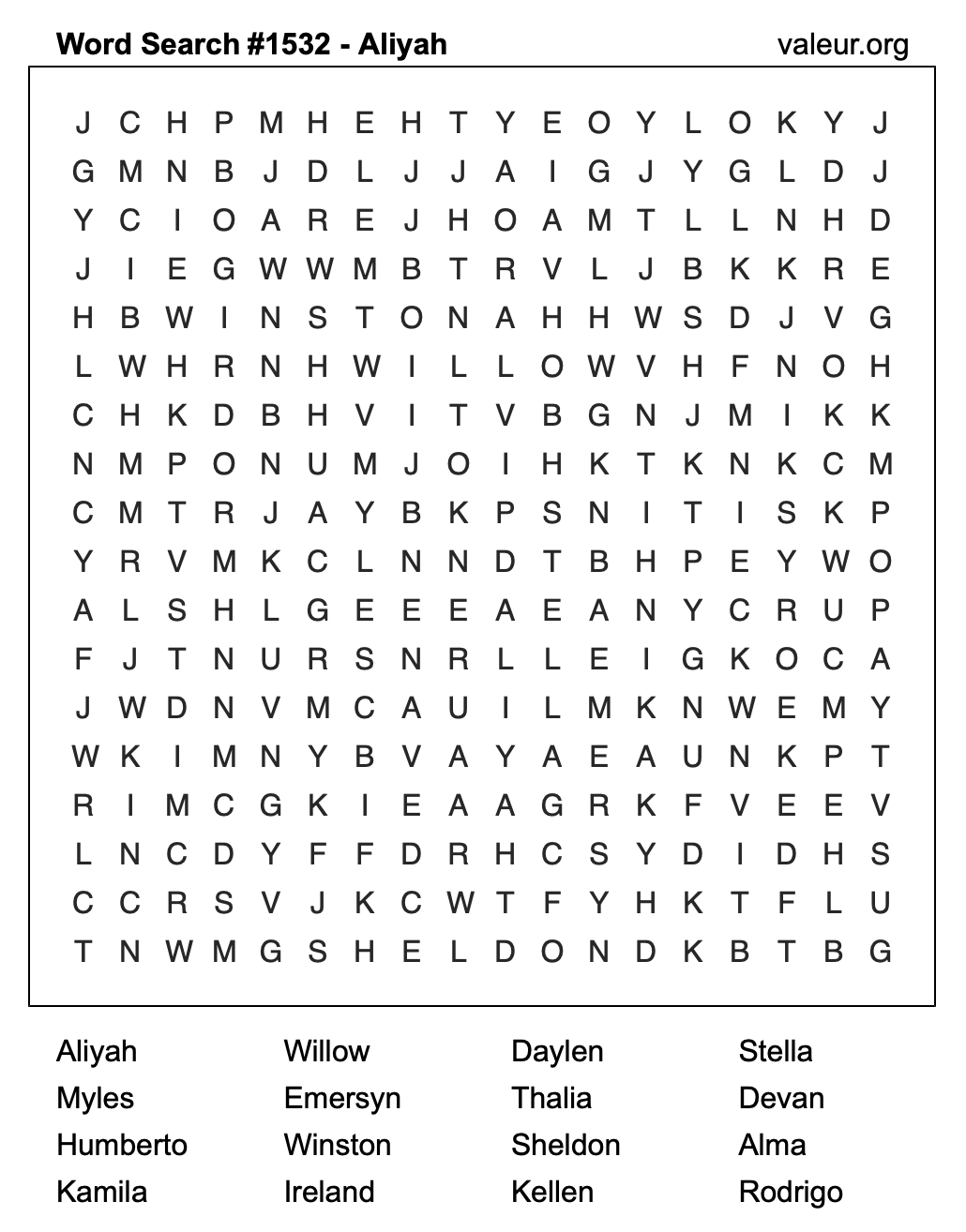 Word Search Puzzle with the name Aliyah #1532