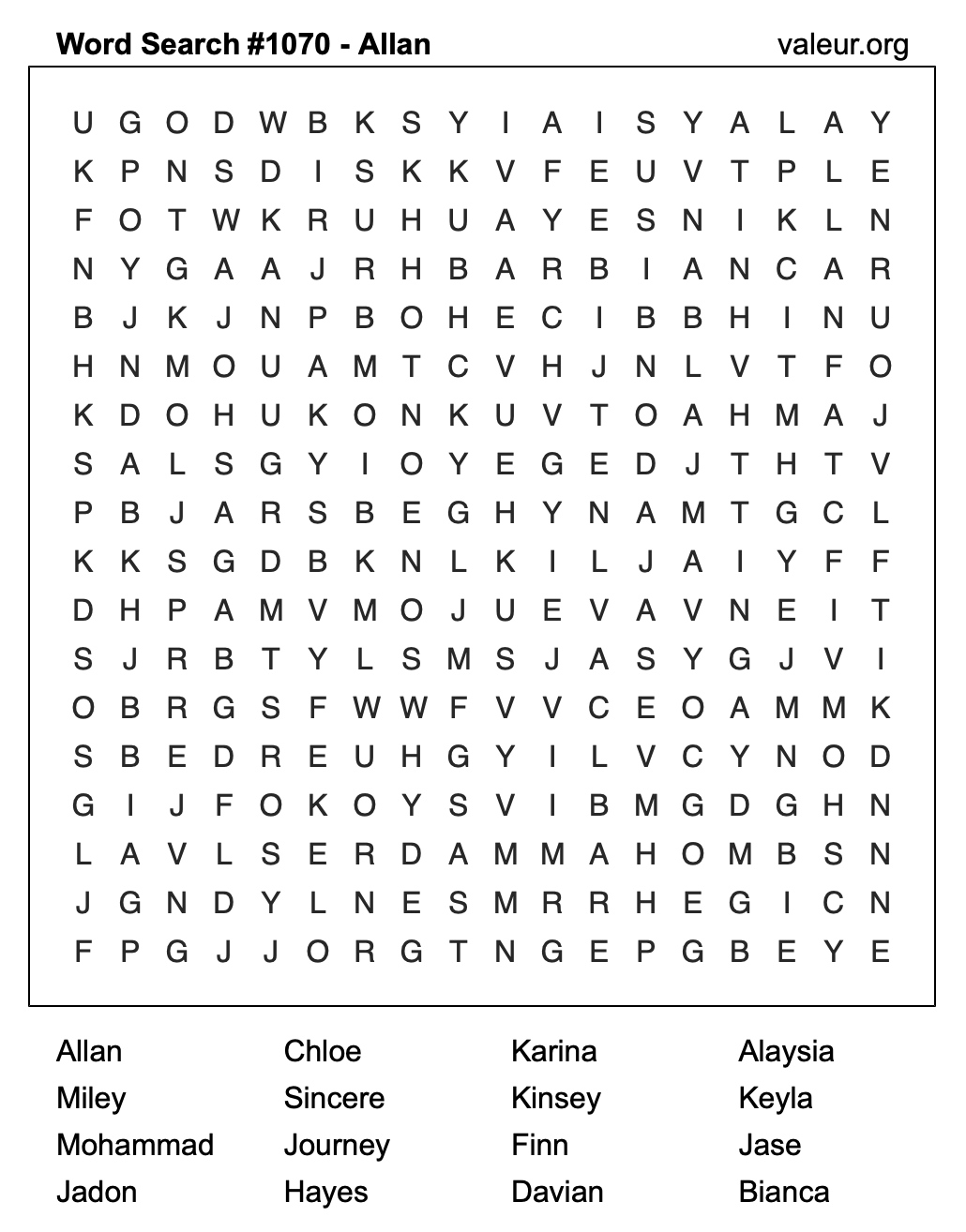 Word Search Puzzle with the name Allan #1070 Word Search Puzzle with the name Allan #1070