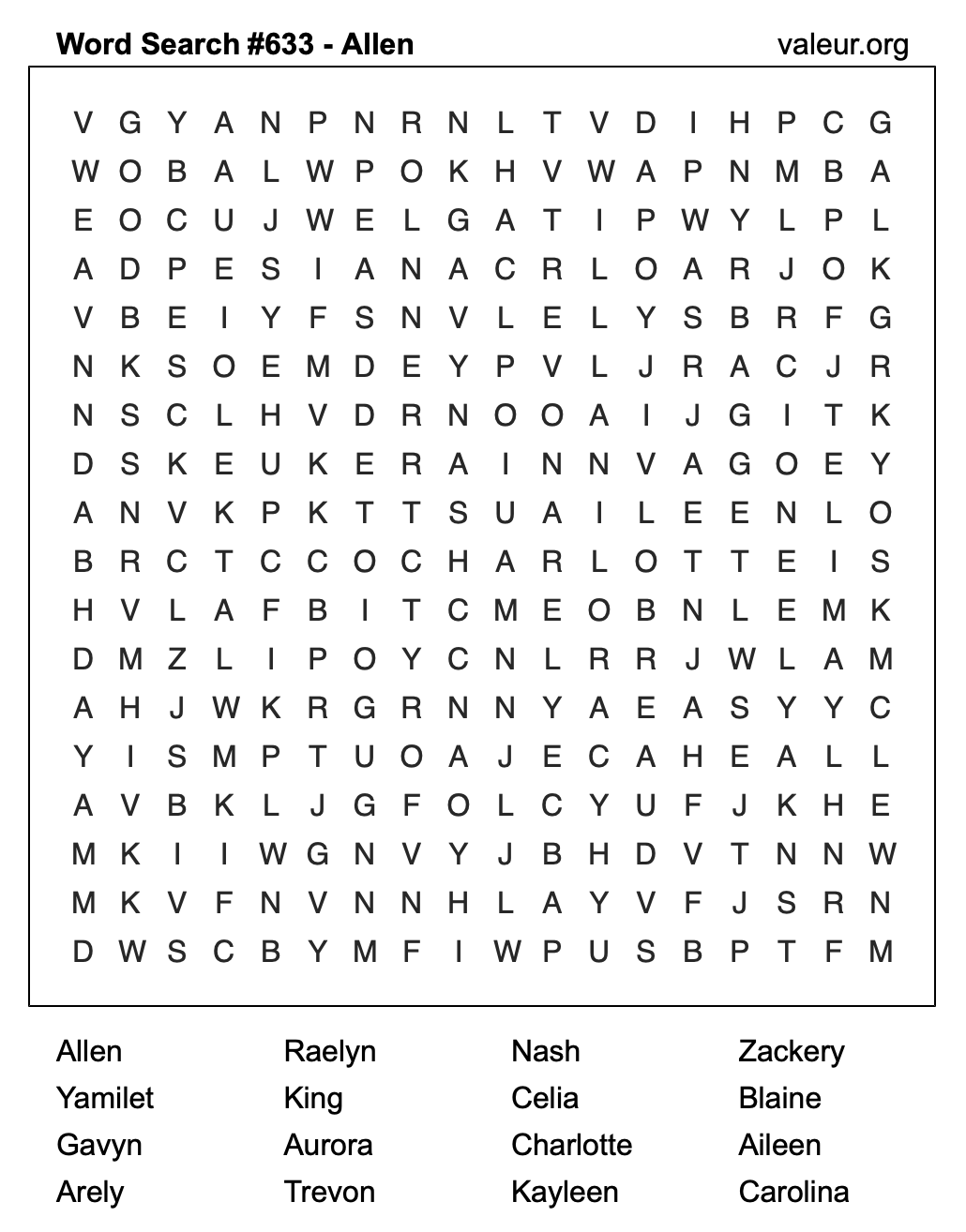 Word Search Puzzle with the name Allen #633