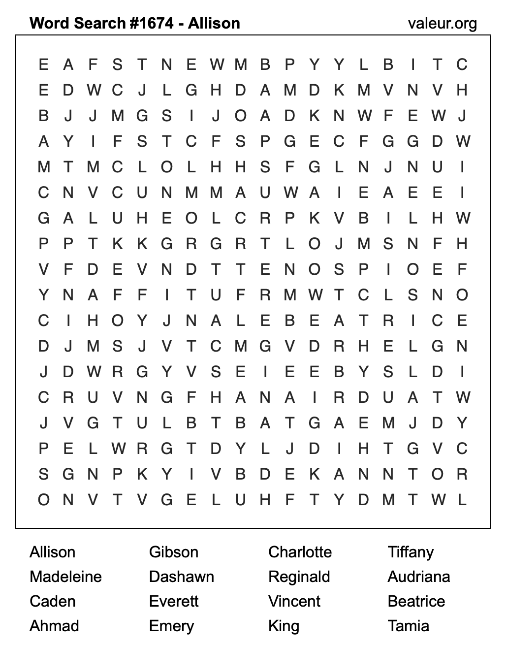 Word Search Puzzle with the name Allison #1674 Word Search Puzzle with the name Allison #1674