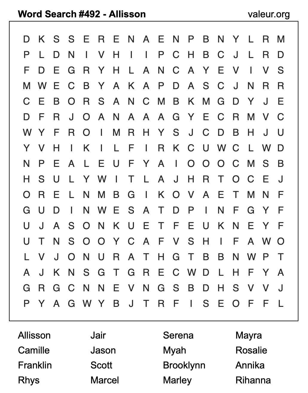 Word Search Puzzle with the name Allisson #492