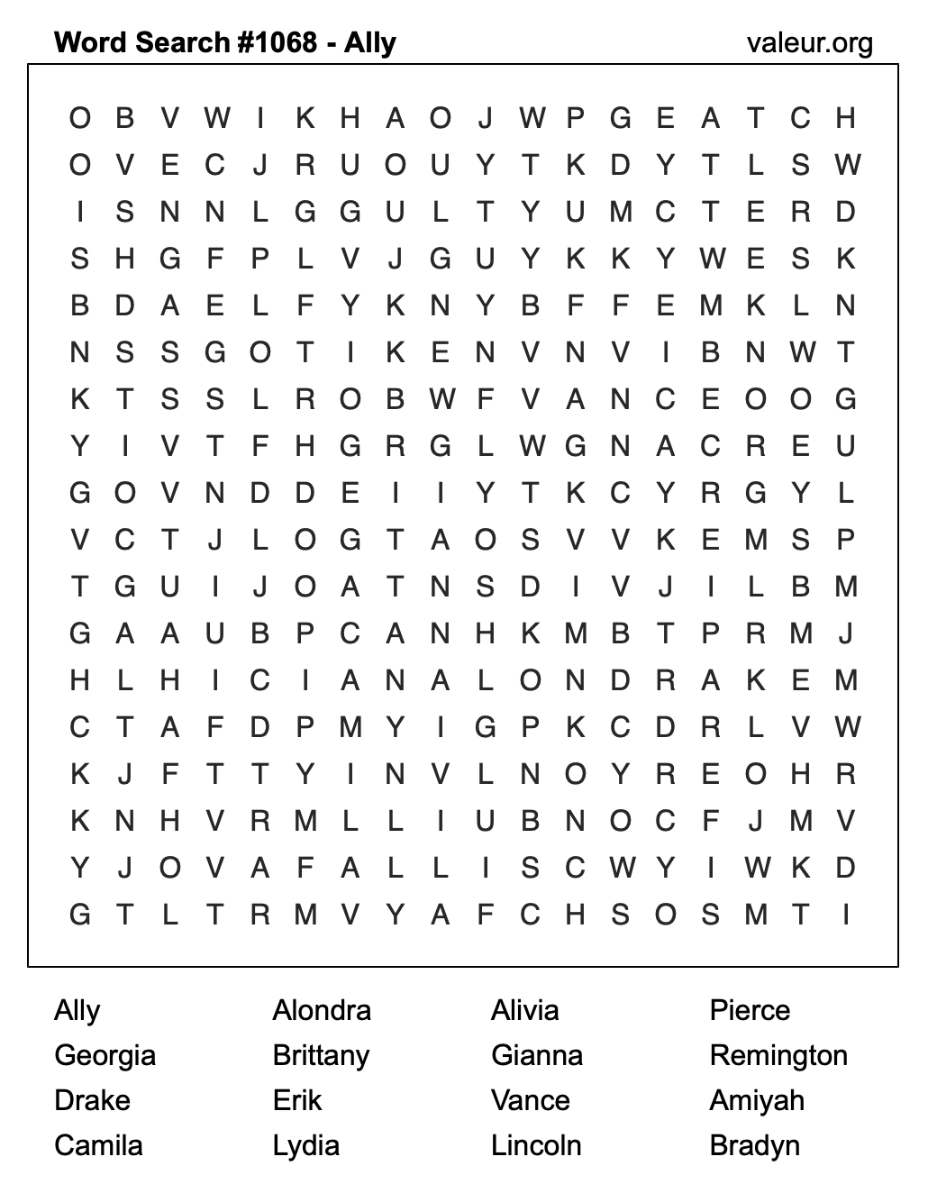 Word Search Puzzle with the name Ally #1068