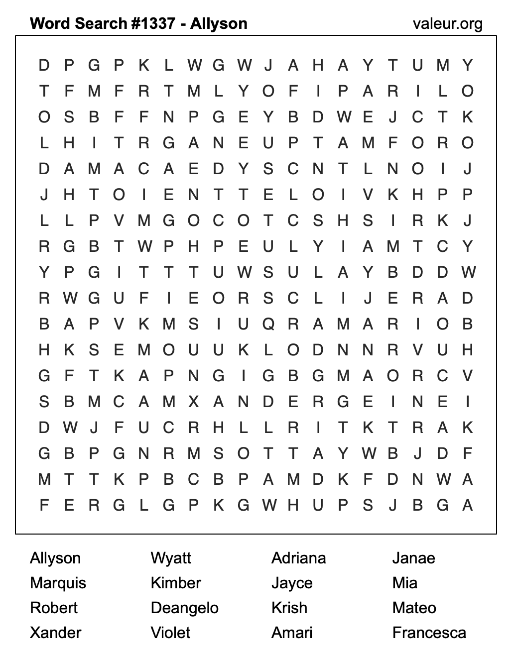 Word Search Puzzle with the name Allyson #1337 Word Search Puzzle with the name Allyson #1337