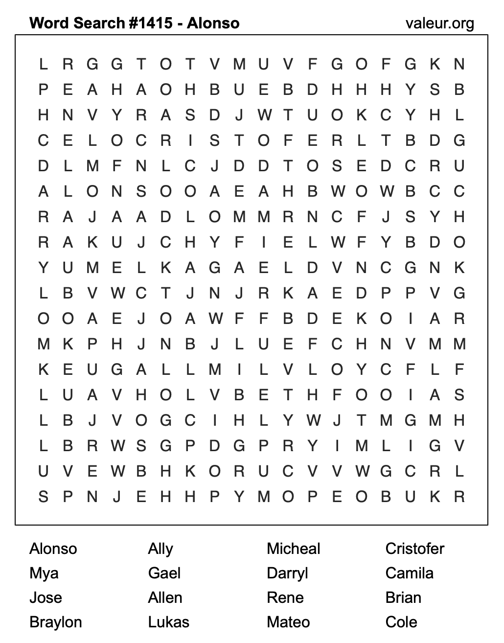 Word Search Puzzle with the name Alonso #1415