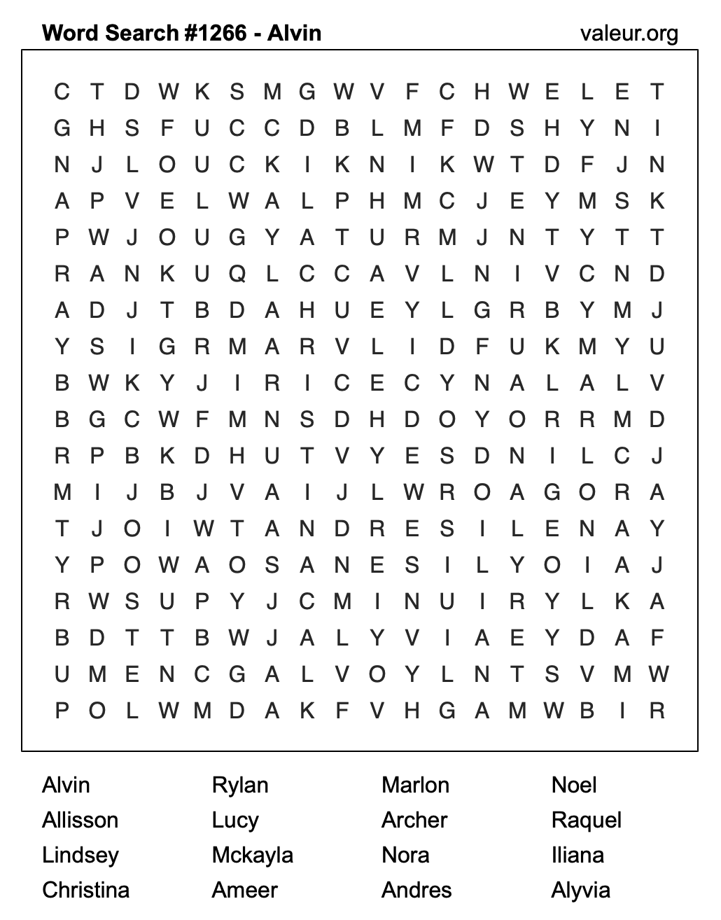 Word Search Puzzle with the name Alvin #1266