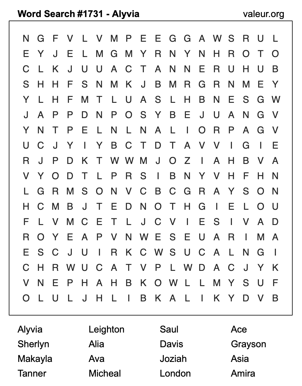 Word Search Puzzle with the name Alyvia #1731