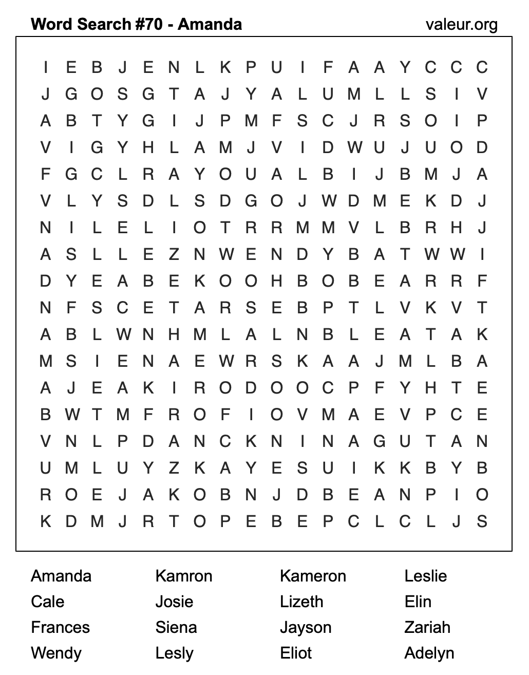 Word Search Puzzle with the name Amanda #70 Word Search Puzzle with the name Amanda #70