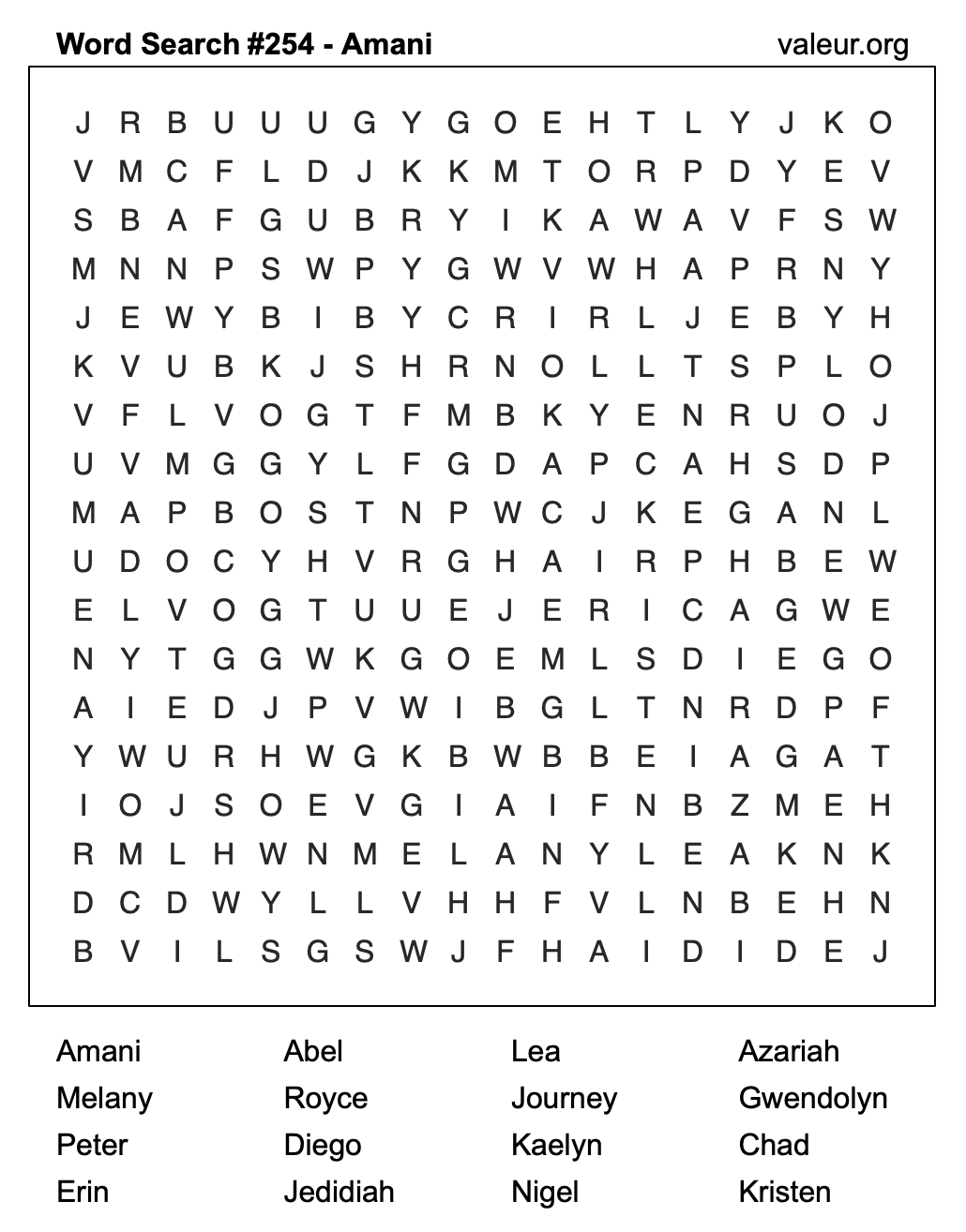 Word Search Puzzle with the name Amani #254