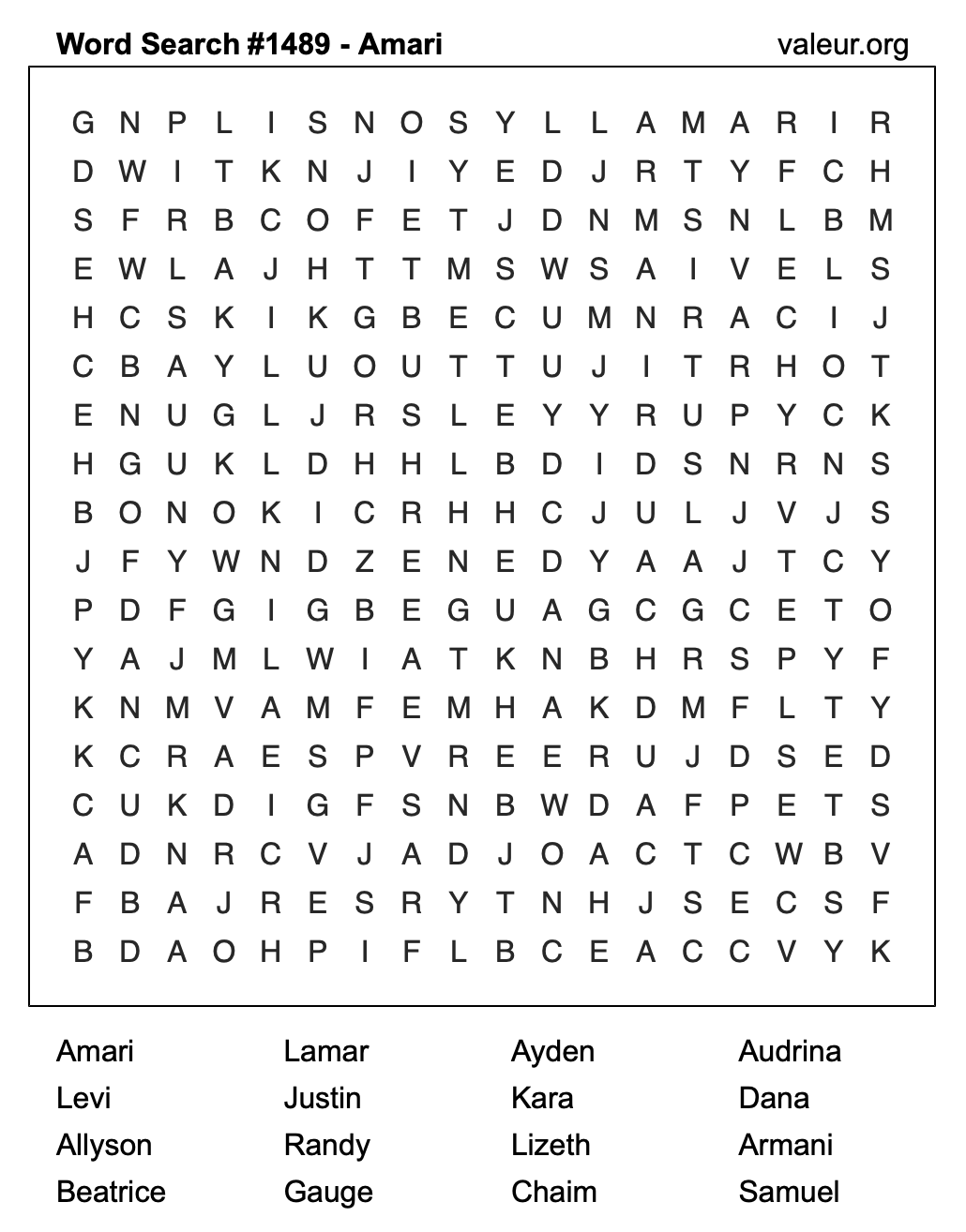 Word Search Puzzle with the name Amari #1489