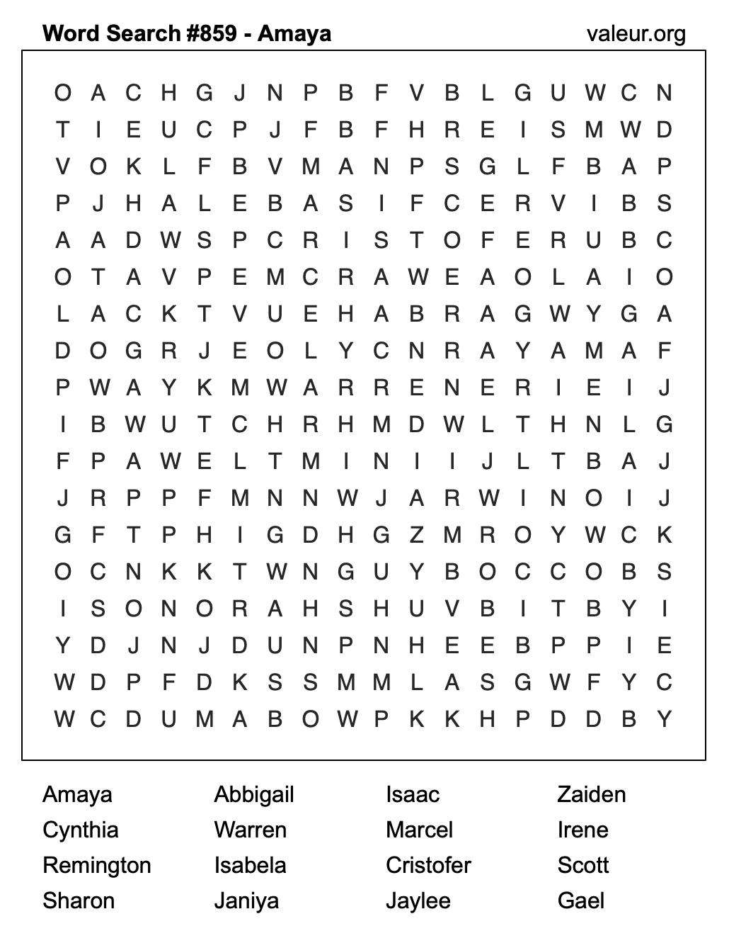 Word Search Puzzle with the name Amaya #859