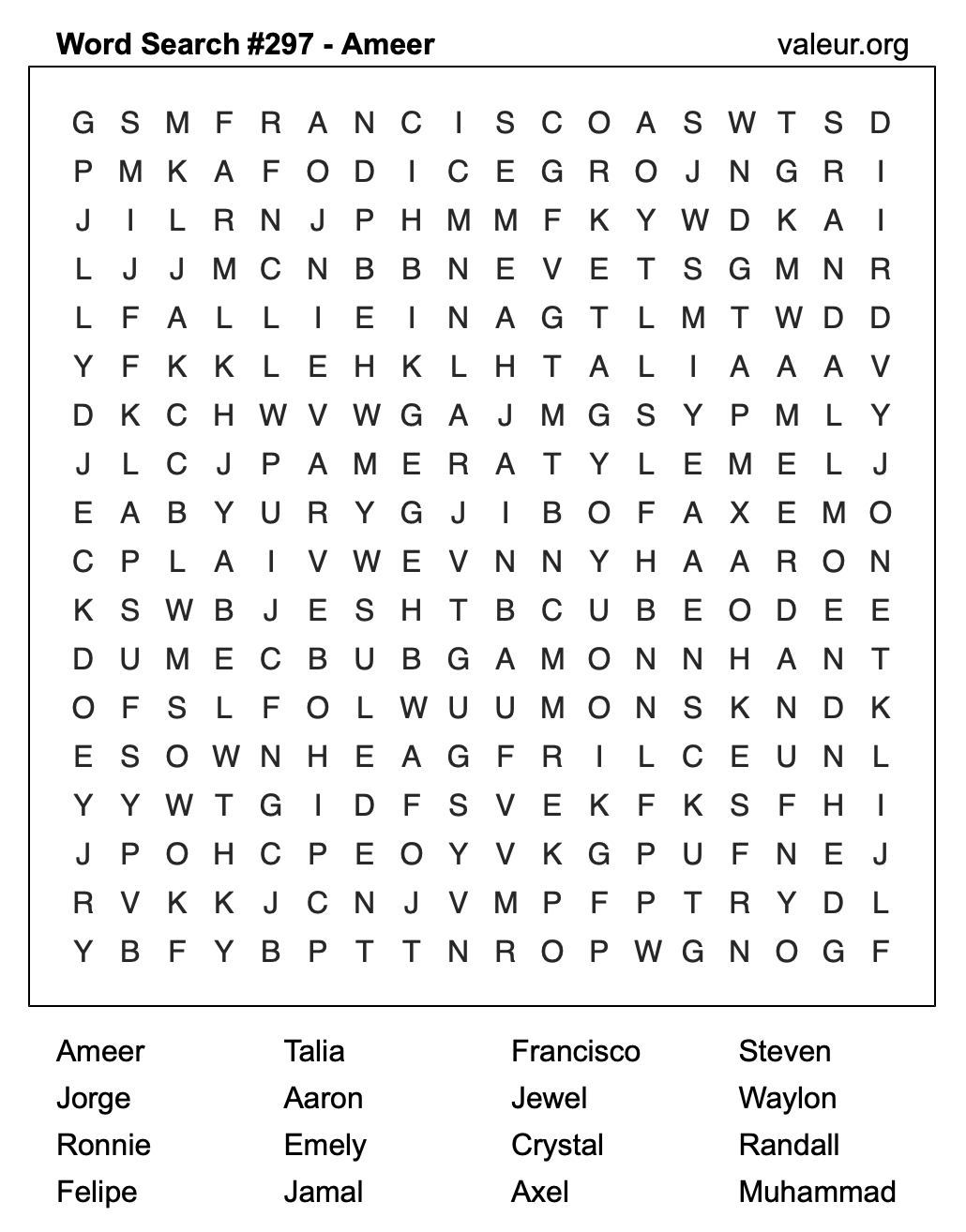 Word Search Puzzle with the name Ameer #297